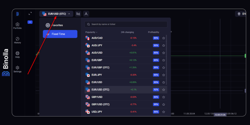 How to choose underlying assets on the Binolla platform