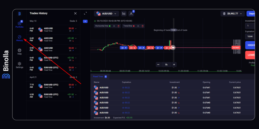 A window with the history of operations of a trader on the Binolla platform