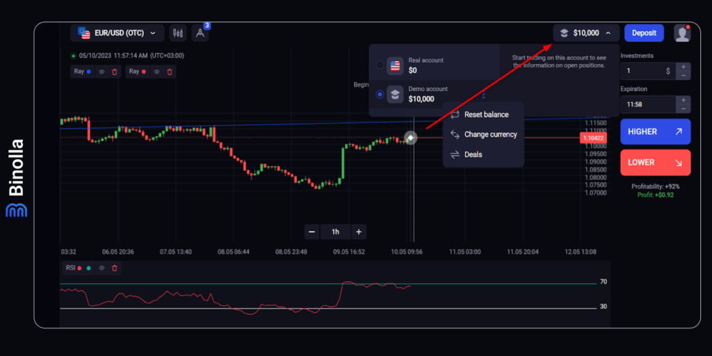 Switching between the demo and real account at Binolla