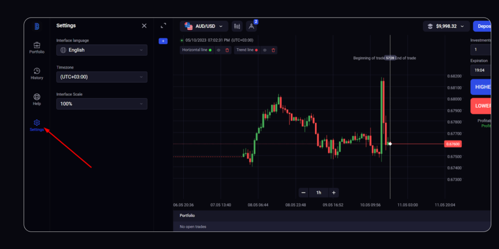 Una ventana permite a los traders configurar la plataforma de Binolla a su gusto