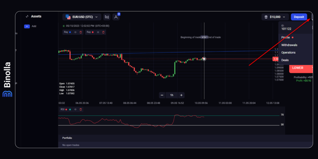 Personal account menu on the Binolla platform from where you can watch your profile details, withdraw profits, watch your history of operations and deals