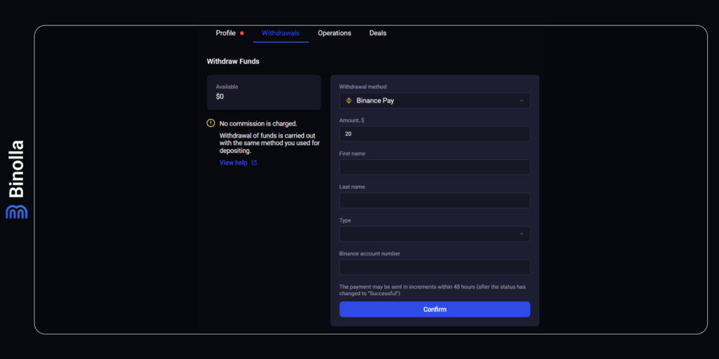 The withdrawal window on the Binolla platform from where you can cash out your profits