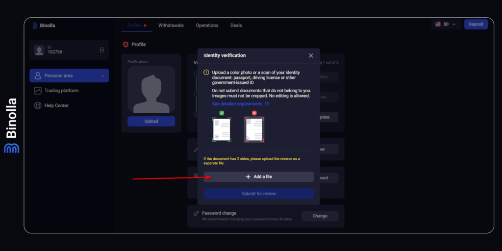 An example of a window where traders can add their verification documents on the Binolla platform