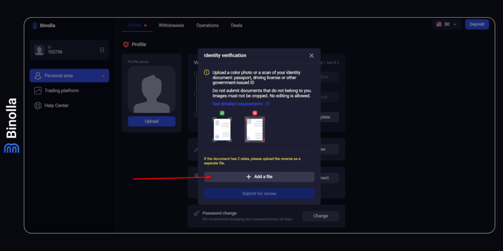 Um exemplo de janela onde os traders podem adicionar seus documentos a serem verificados na plataforma Binolla
