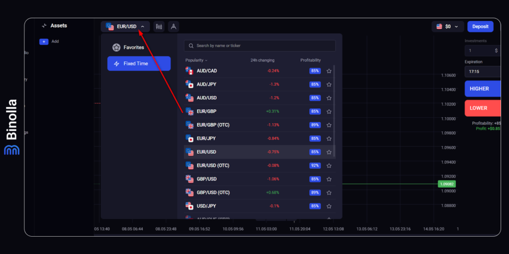 A menu with underlying assets from where you can choose one for trading on the Binolla platform