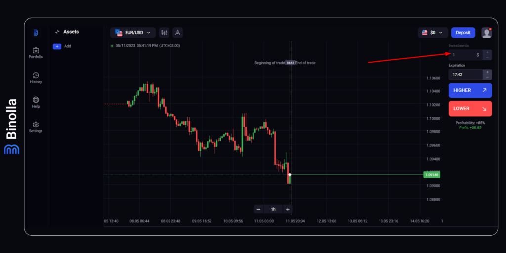 Definindo o valor do investimento na Binolla
