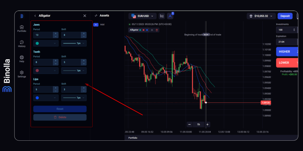 An example of indicator settings at Binolla. Here, you can change the key calculation parameters as well as some design features