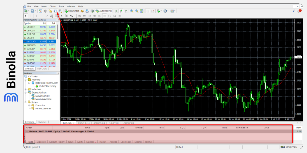 A trading terminal window on the MT 5 platform