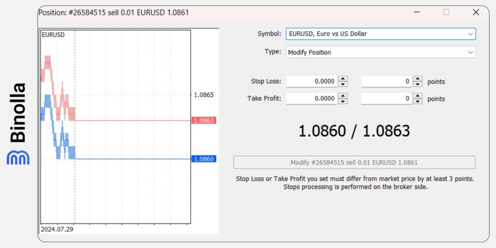 Ventana donde puedes modificar o eliminar tu trade en la plataforma MT 5