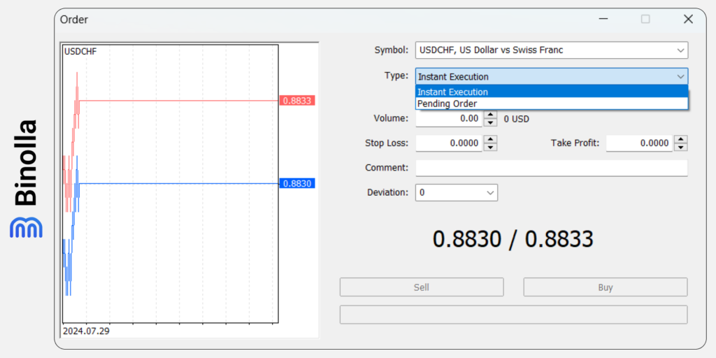 Seleccionando el tipo de oreden en la plataforma Meta Trader 5