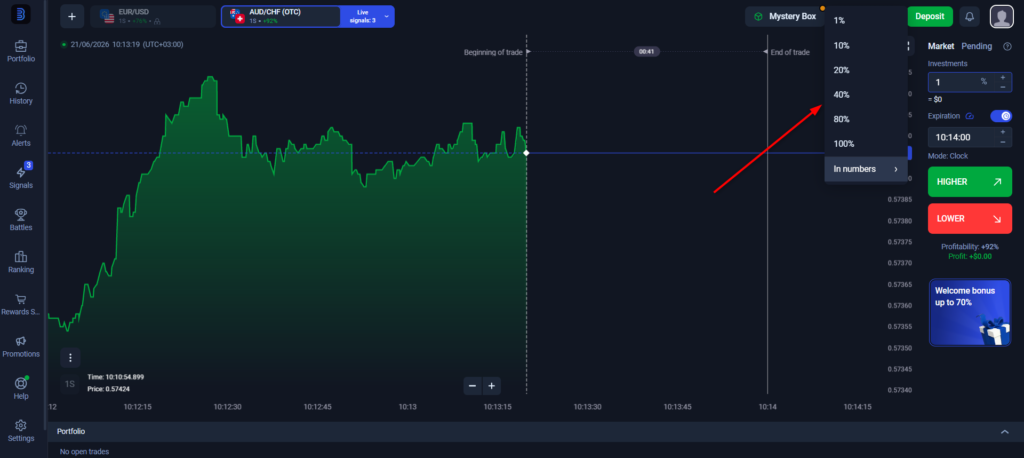 Setting the investment amount as a percentage at Binolla